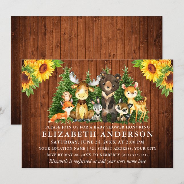 Rustic Wood Sunflowers Woodland Animals Shower Invitation (Front/Back)