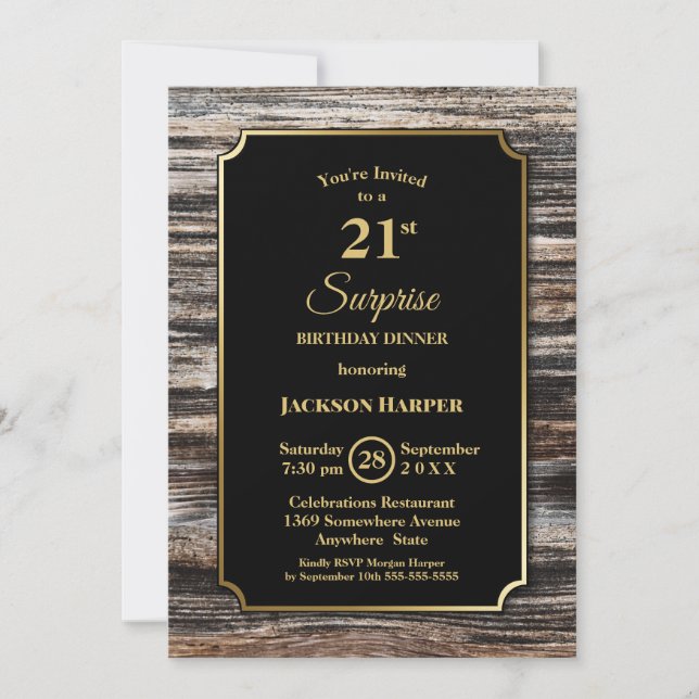 Rustic Wood Surprise 21st Birthday Dinner Invitation (Front)