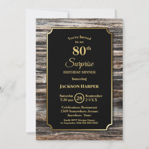 Rustic Wood Surprise 80th Birthday Dinner Invitation