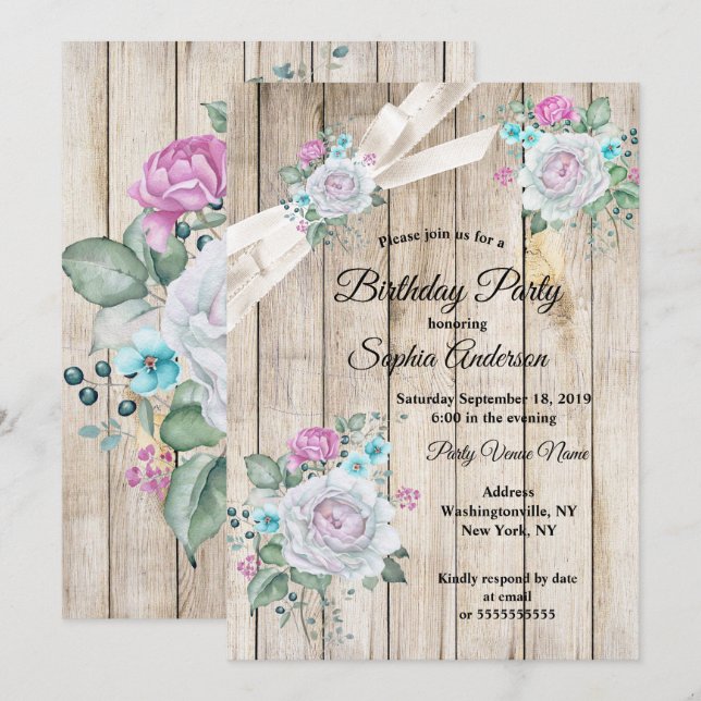 Rustic Wood Teal Blue Floral Pink Birthday Party Invitation (Front/Back)