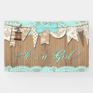 Rustic Wood Teal Blue Lace Girl Baby Shower Banner