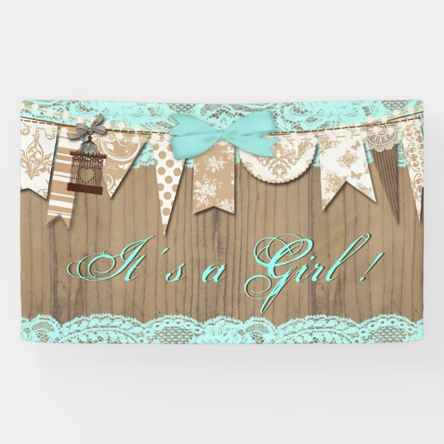 Rustic Wood Teal Blue Lace Girl Baby Shower Banner (Horizontal)