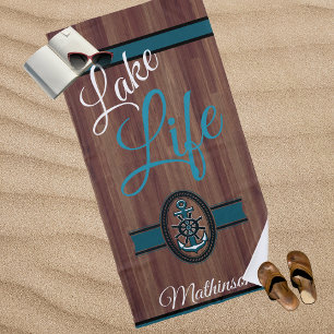Rustic Wood Teal Blue Lake Life monogrammed  Beach Towel