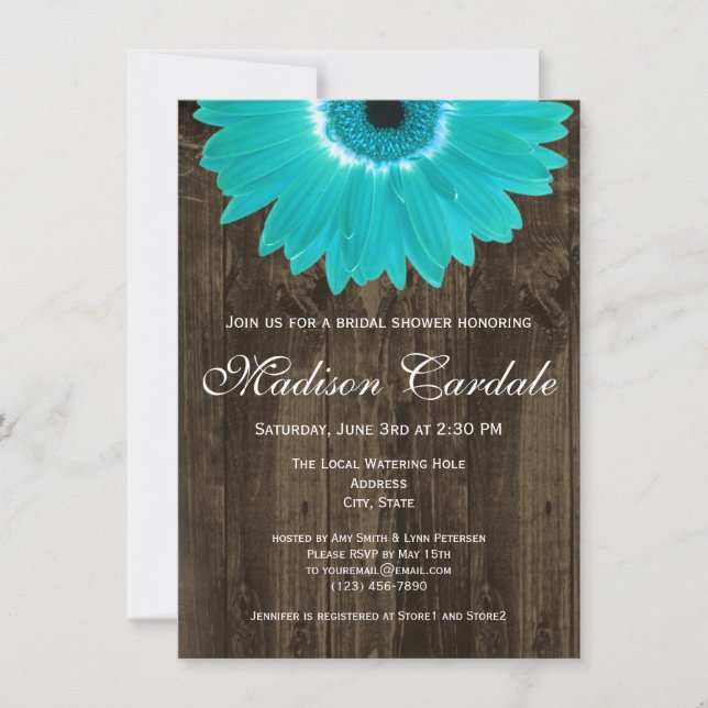 Rustic Wood Teal Daisy Bridal Shower Invitation (Front)