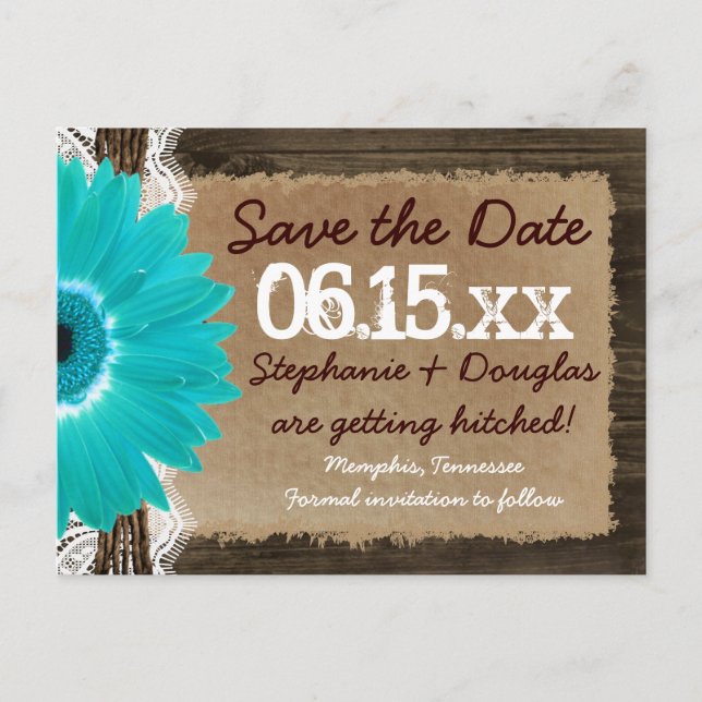 Rustic Wood Teal Daisy Save the Date Postcards (Front)