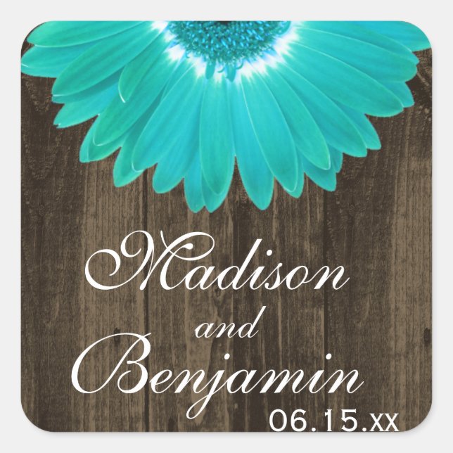 Rustic Wood Teal Daisy Wedding Favour Stickers (Front)