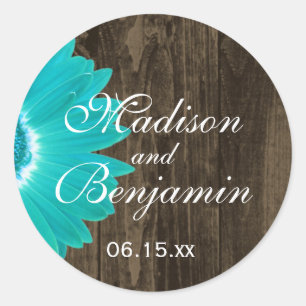 Rustic Wood Teal Daisy Wedding Favour Stickers