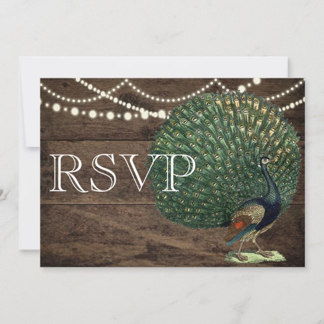 Rustic Wood Teal Feather Peacock Wedding Card (Front)