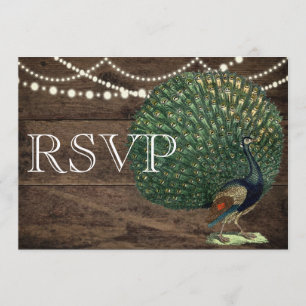 Rustic Wood Teal Feather Peacock Wedding Card