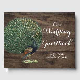 Rustic Wood Teal Feather Peacock Wedding Guest Book