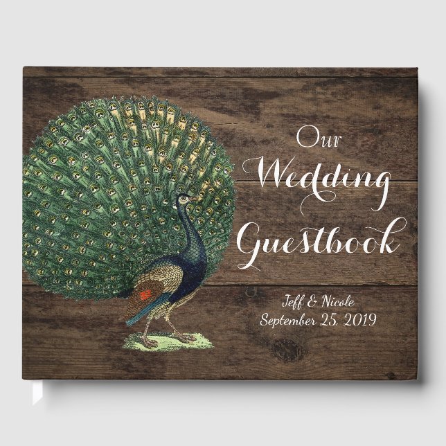 Rustic Wood Teal Feather Peacock Wedding Guest Book (Front)