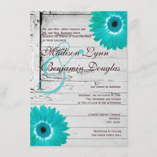 Rustic Wood Teal Gerber Daisy Wedding Invitations