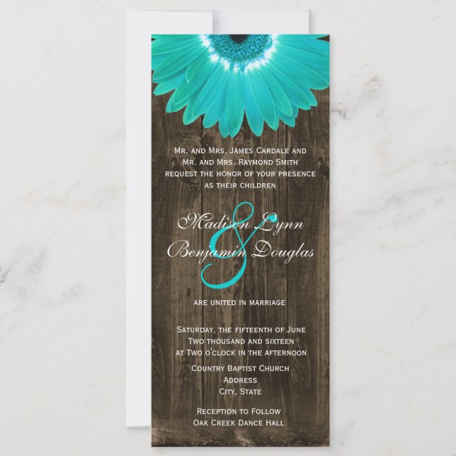 Rustic Wood Teal Gerber Daisy Wedding Invitations (Front)