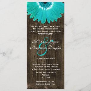 Rustic Wood Teal Gerber Daisy Wedding Invitations