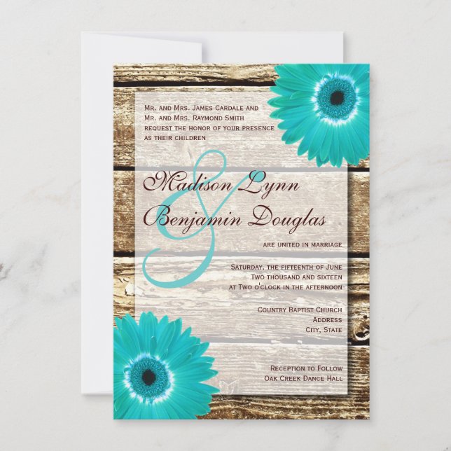 Rustic Wood Teal Gerber Daisy Wedding Invitations (Front)