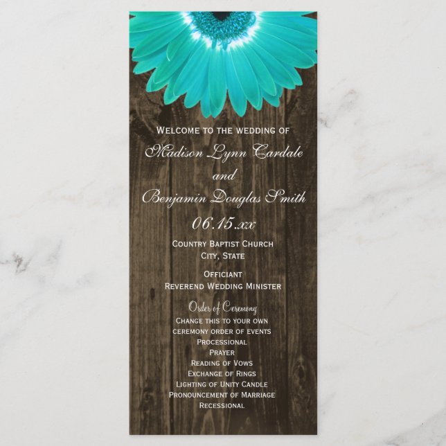 Rustic Wood Teal Gerber Daisy Wedding Programs Programme (Front)