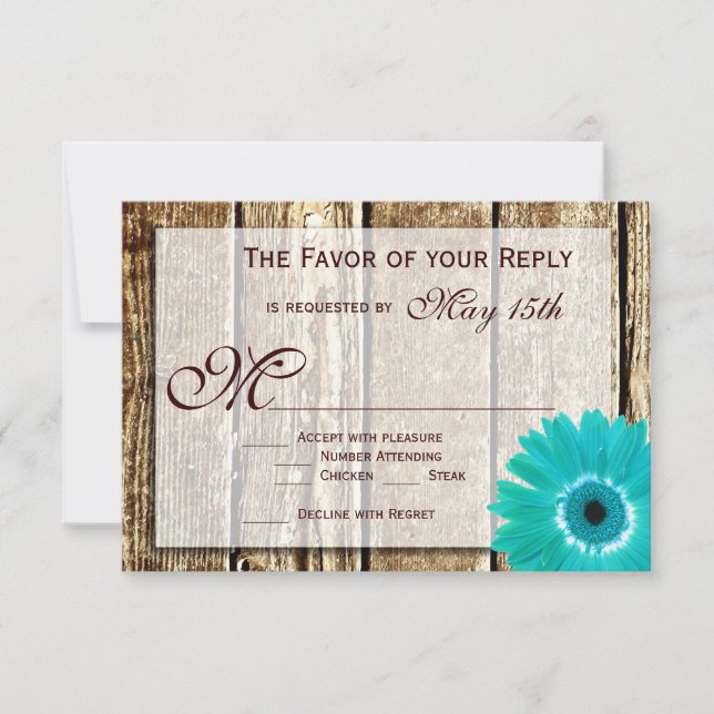 Rustic Wood Teal Gerber Daisy Wedding RSVP Cards (Front)