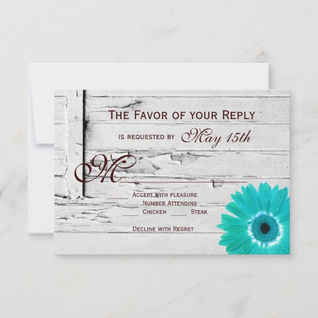 Rustic Wood Teal Gerber Daisy Wedding RSVP Cards (Front)
