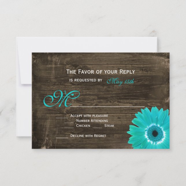 Rustic Wood Teal Gerber Daisy Wedding RSVP Cards (Front)