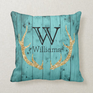 Rustic Wood Teal Gold Glitter Deer Antler Monogram Cushion
