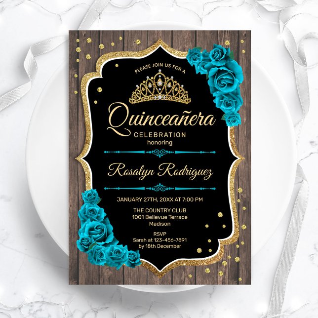 Rustic Wood Teal Gold Quinceanera Invitation (Creator Uploaded)