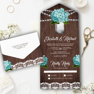 Rustic Wood Teal Hydrangea Mason Jar Wedding All In One Invitation