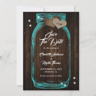 Rustic Wood Teal Mason Jar Wedding Save The Date