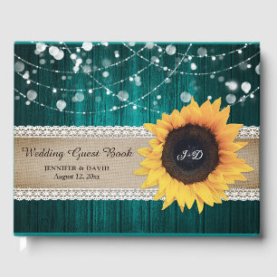 Rustic Wood Teal Sunflower Wedding Guest Book
