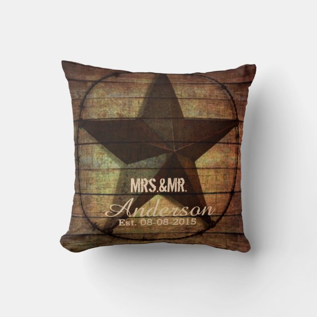 rustic wood texas star western wedding mr and mrs cushion (Front)