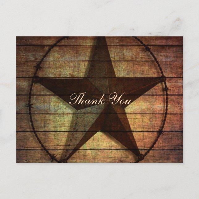 rustic wood texas star western wedding thank you postcard (Front)