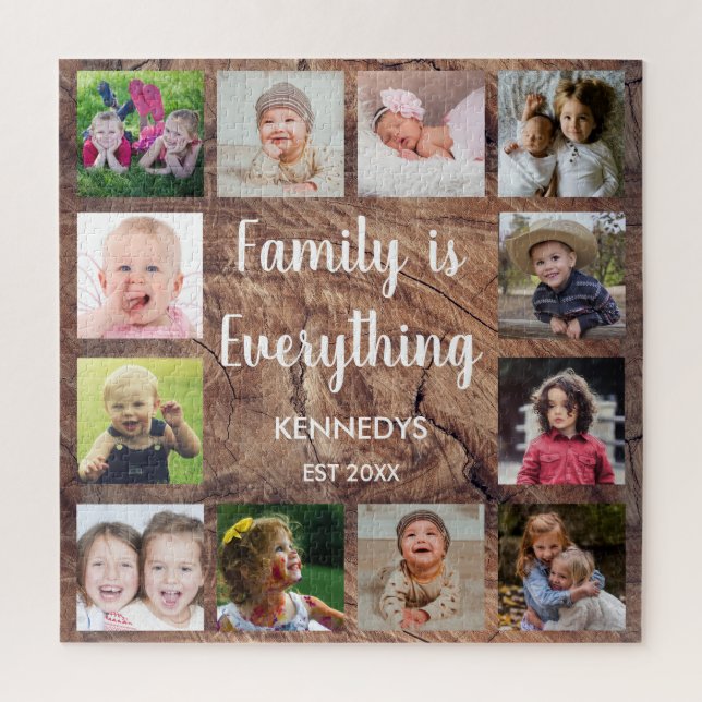Rustic Wood Texture 12 Photo Collage Family Jigsaw Puzzle (Vertical)