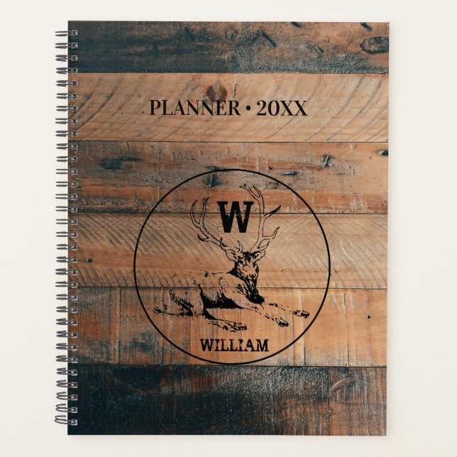 Rustic Wood Texture & Deer Monogram  Planner (Front)