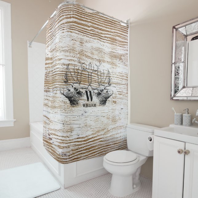 Rustic Wood Texture Deer Monogram Shower Curtain (In Situ)
