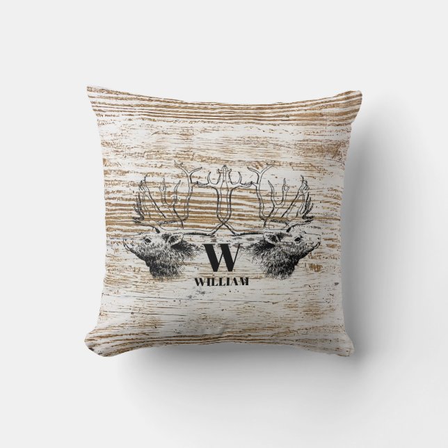 Rustic Wood Texture Deer Woodland Monogram Cushion (Front)
