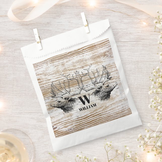 Rustic Wood Texture Deer Woodland Monogram  Favour Bags (Clipped)