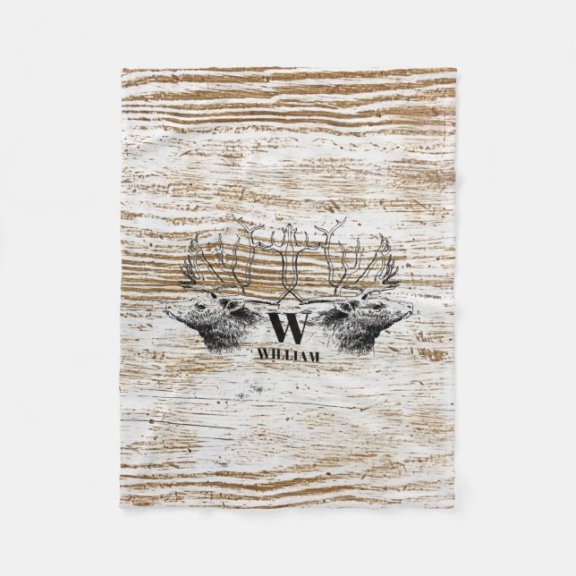 Rustic Wood Texture Deer Woodland Monogram Fleece Blanket (Front)