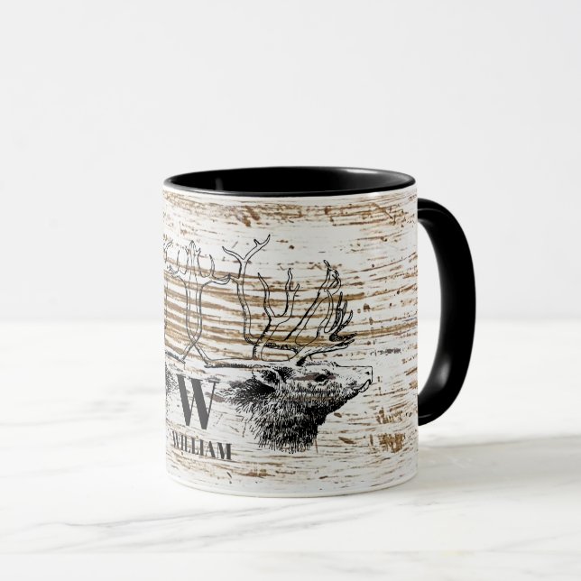 Rustic Wood Texture Deer Woodland Monogram Mug (Front Right)