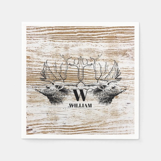 Rustic Wood Texture Deer Woodland Monogram Napkin (Front)