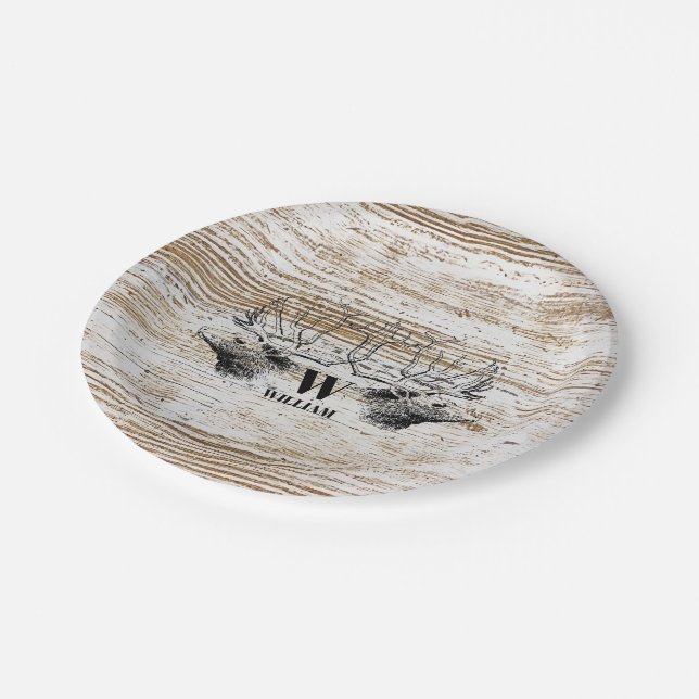 Rustic Wood Texture Deer Woodland Monogram Paper Plate (Angled)
