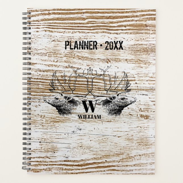Rustic Wood Texture Deer Woodland Monogram Planner (Front)