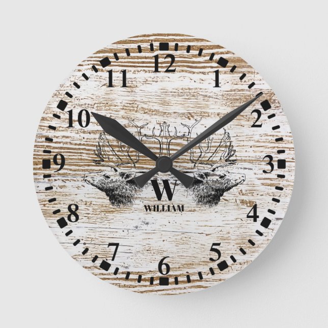 Rustic Wood Texture Deer Woodland Monogram Round Clock (Front)