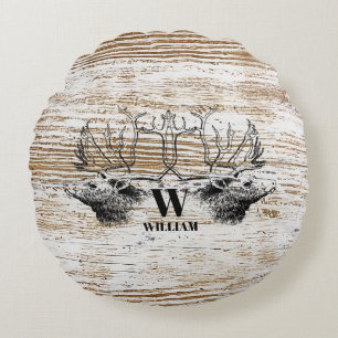 Rustic Wood Texture Deer Woodland Monogram Round Cushion