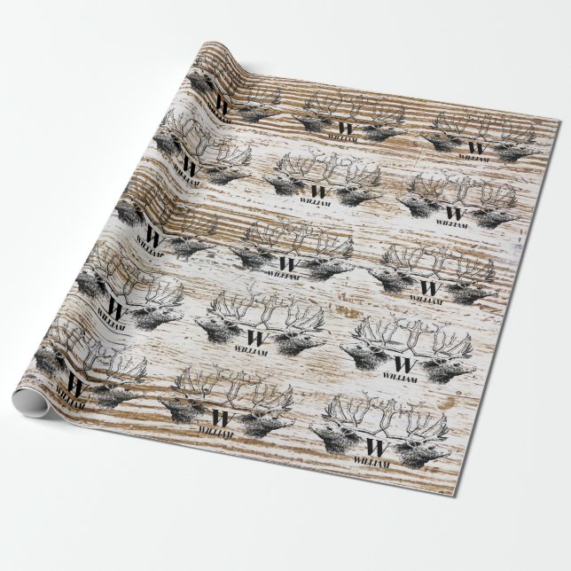 Rustic Wood Texture Deer Woodland Monogram  Wrapping Paper (Unrolled)