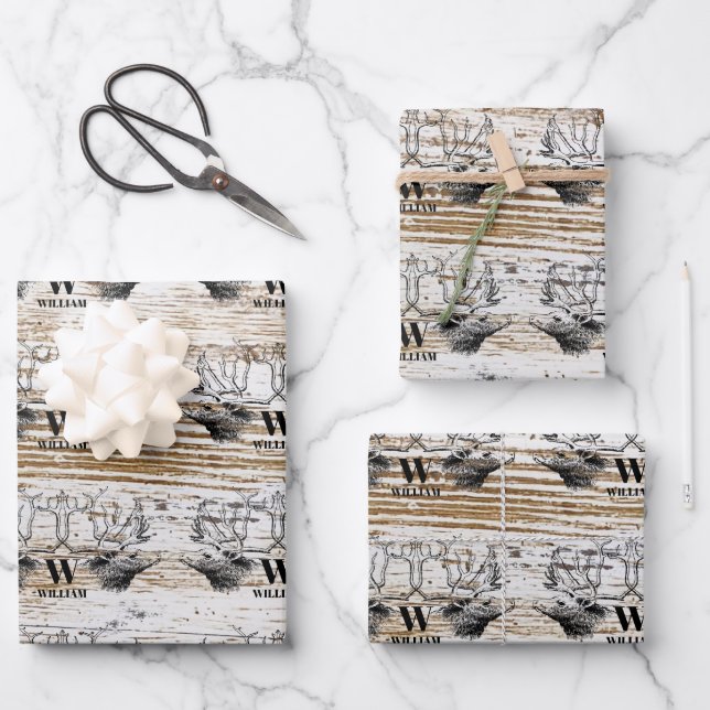 Rustic Wood Texture Deer Woodland Monogram Wrapping Paper Sheet (Front)