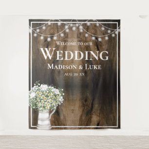 Rustic Wood Texture Floral Lights Welcome Wedding Tapestry