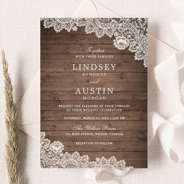 Rustic Wood Texture Lace Wedding Invitation (Creator Uploaded)