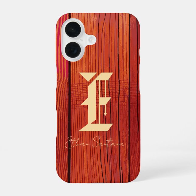 Rustic Wood Texture Monogram iPhone 16 Case (Back)