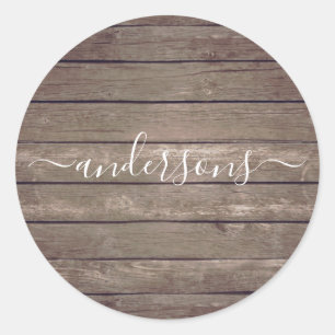 Rustic Wood Texture Personalised Signature Script Classic Round Sticker