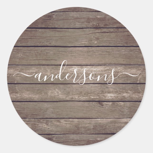 Rustic Wood Texture Personalised Signature Script Classic Round Sticker (Front)