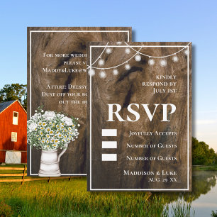 Rustic Wood Texture String Lights Floral Wedding RSVP Card